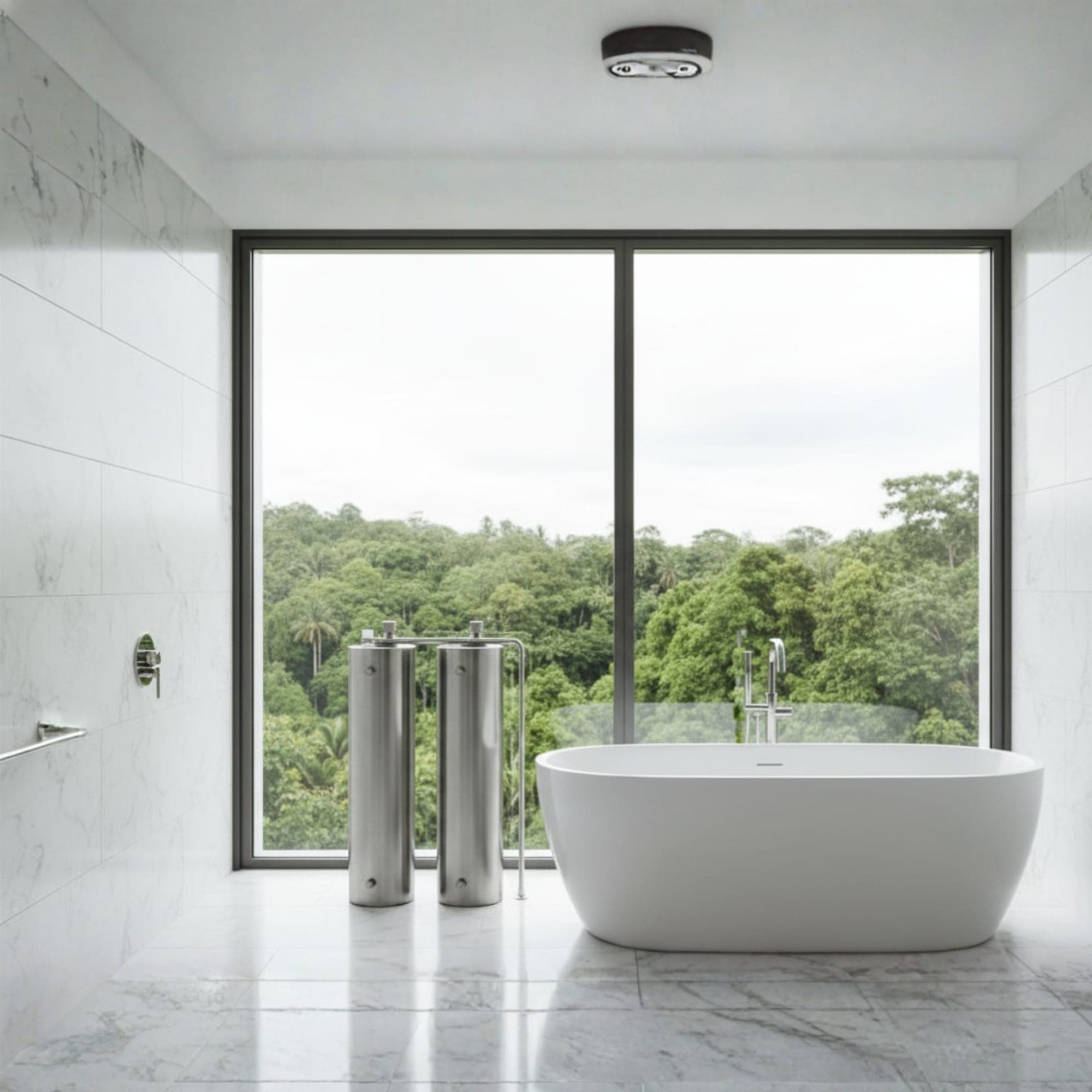 A floor-mounted Uniwater bathroom filter in a finished bathroom, where soft, iron-free water keeps the stone and fittings clean