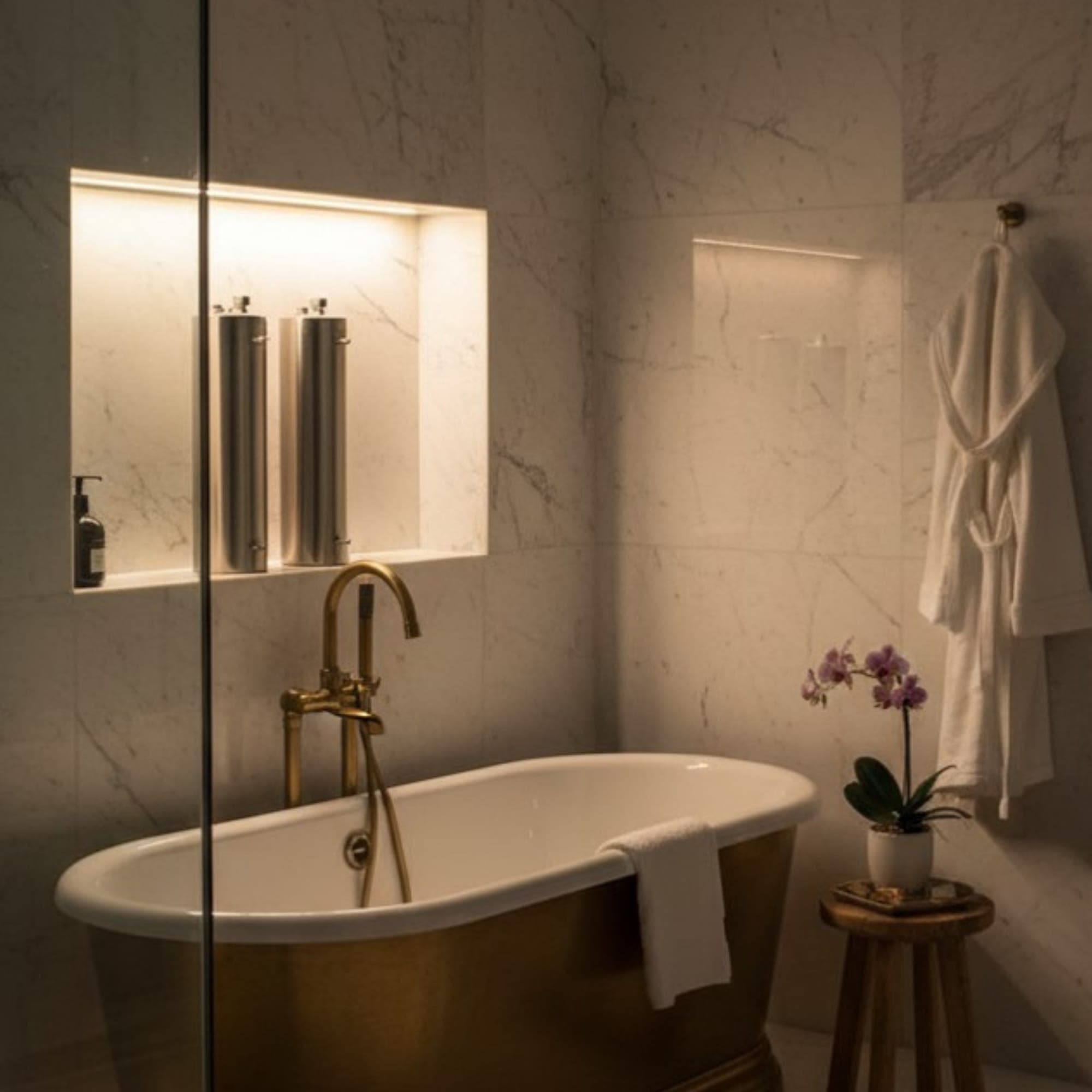 BathSoft installed in a marble luxury bathroom with brass freestanding bath, two stainless cylinders recessed behind a glass shower partition