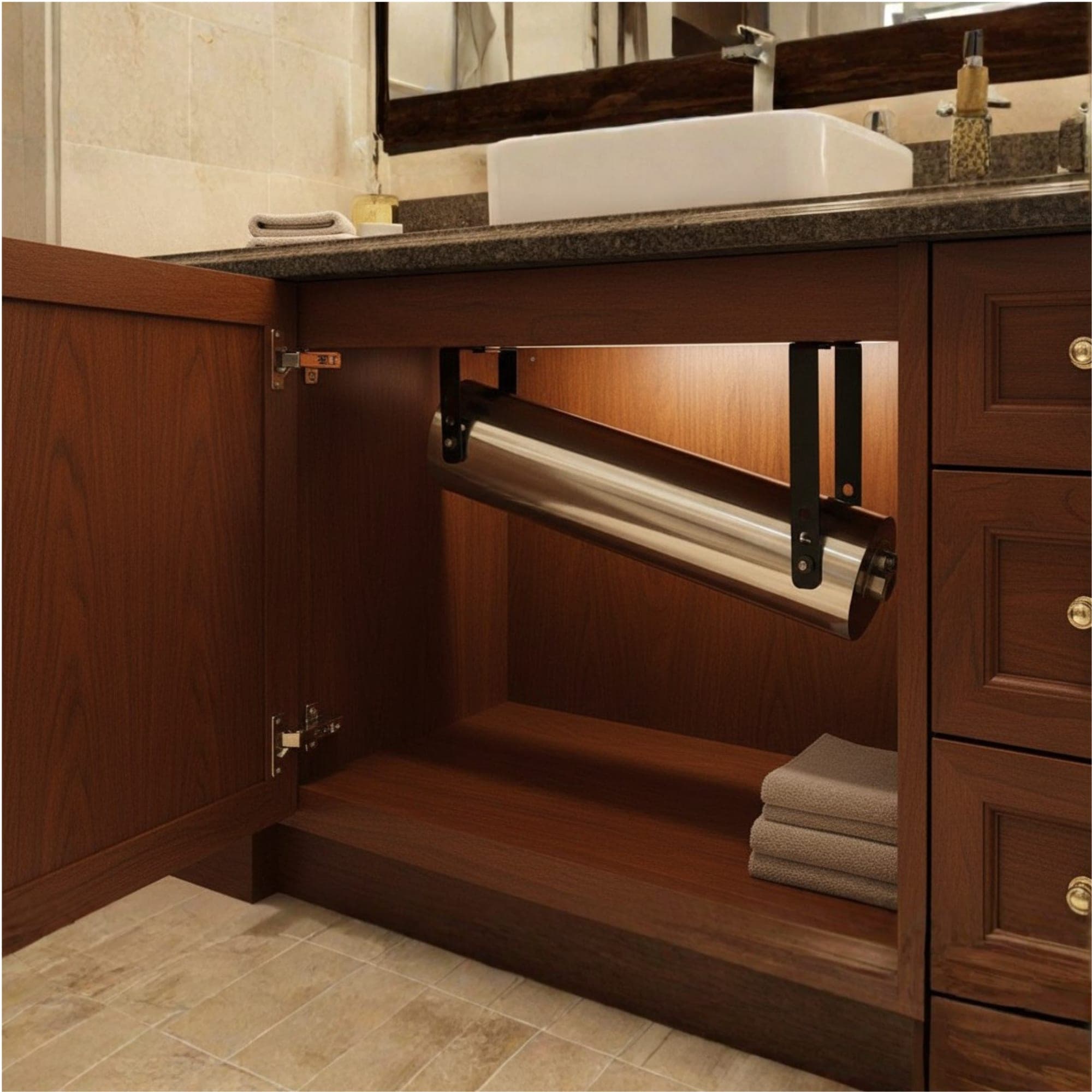 Compact vessels installed under the vanity counter beside the trap, hidden behind the cabinet door