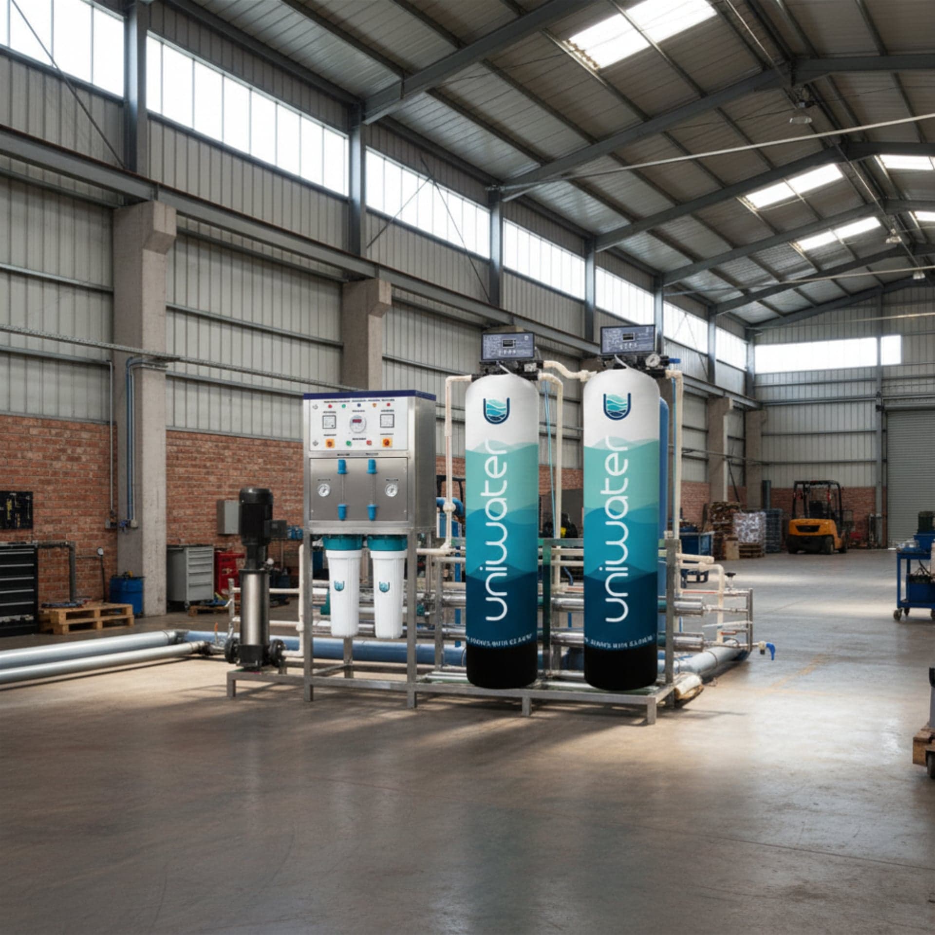 Branded Uniwater commercial RO plant installed on a factory warehouse floor