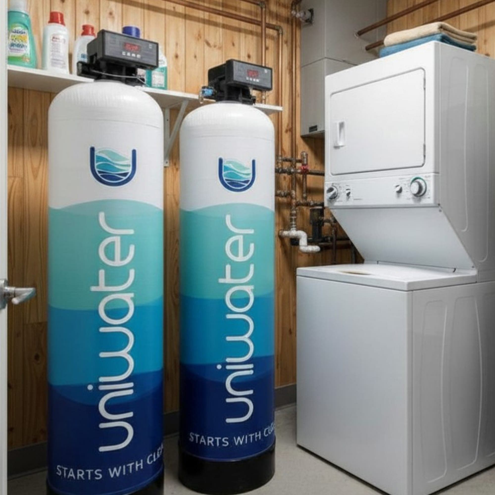 Two branded Uniwater vessels floor-mounted in the home utility area beside the washing machine
