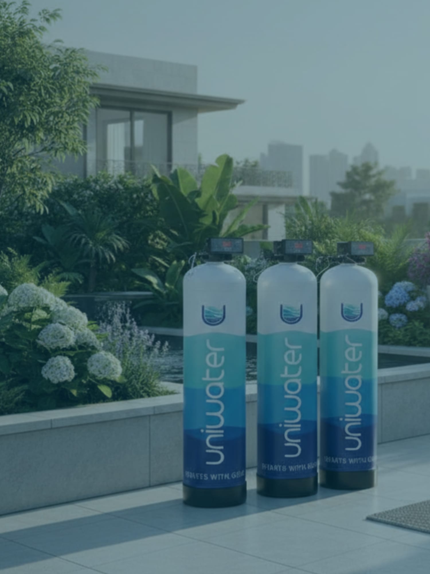 Three branded Uniwater whole-house vessels installed on a residential terrace with hydrangeas and a privacy garden behind.